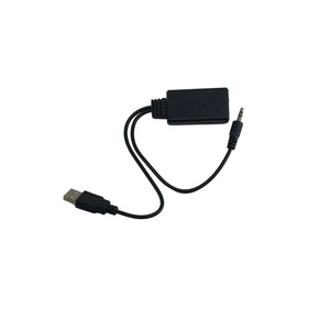 Black USB and audio cable adapter on a white background