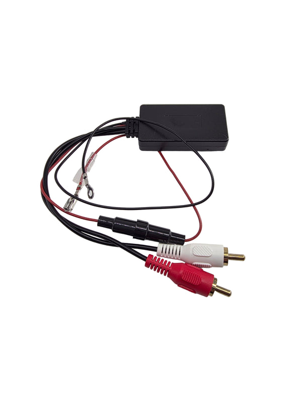 Bluetooth Marine grade receiver. Audio cable with RCA plugs and connectors on a white background