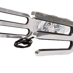 A dual wakeboard rack made from Polished Aluminium, featuring rubber sleeves and designed to mount on a boat tower.