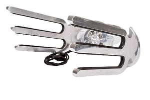 A dual wakeboard rack made from Polished Aluminium, featuring rubber sleeves and designed to mount on a boat tower.