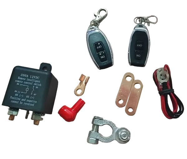 Electrical components including relays, switches, and connectors on a flat surface.
